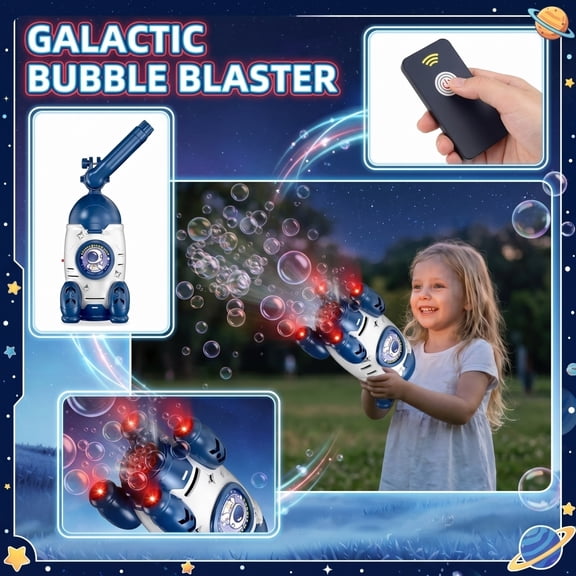 Galactic Rocket Bubble Machine with Remote Control, Automatic Space Bubble Blaster with LED Lights and Bicycle Mount, Outdoor Summer