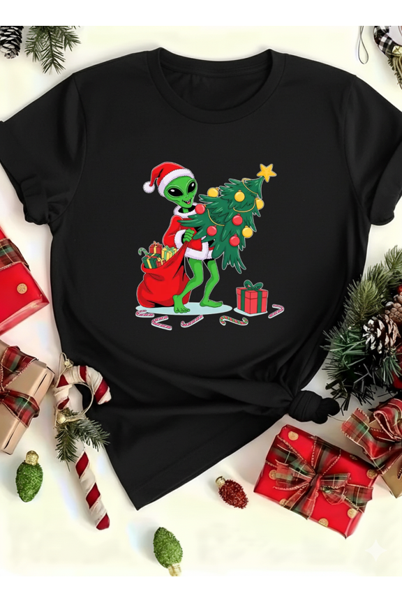 Galactic Visitor Tree Lights Comedy Holiday UFO Theme Unisex T-Shirt up to size 5XL