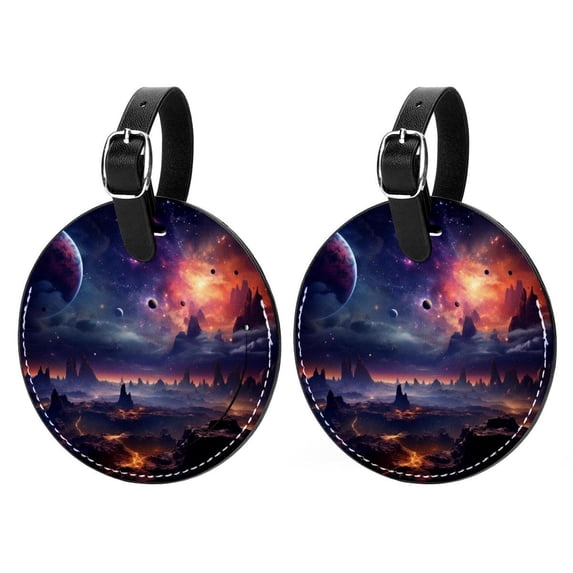 Galactic space 2Pcs PU Leather Round Luggage Tags with Privacy Cover and Name ID Tag for Suitcase, Handbags, Backpacks, School Bags
