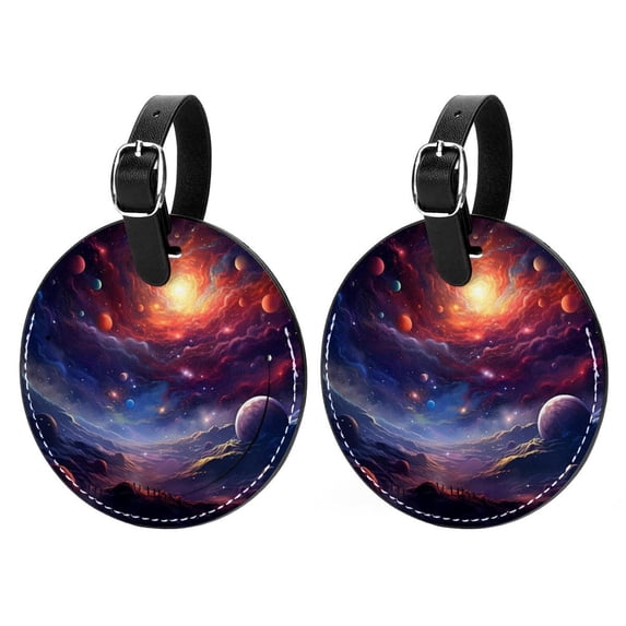 Galactic space 2pcs PU Leather Round Bag Tags Suitcase Handbag Tags with Privacy Cover and Name ID Tag for Travel Luggage, Handbags, Backpacks, School Bags