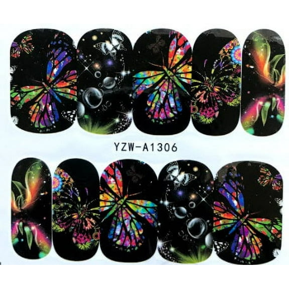 Galactic stained glass neon butterflies on blacknail art water decals fingernail art.