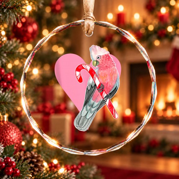 Galah Parrot on Candy Cane and Heart Christmas Ornament, Holiday Keepsake Gift, Circle Glass Ornament