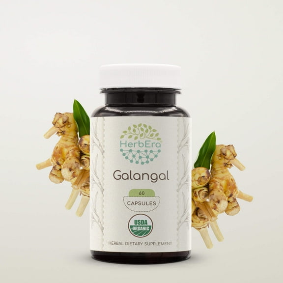 HerbEra Galangal Capsules, Organic Herbal Dietary Supplement for Digestive Support, Certified Organic Galangal (Alpinia Galangal) Dried Root Capsules, Natural, 60 Capsules
