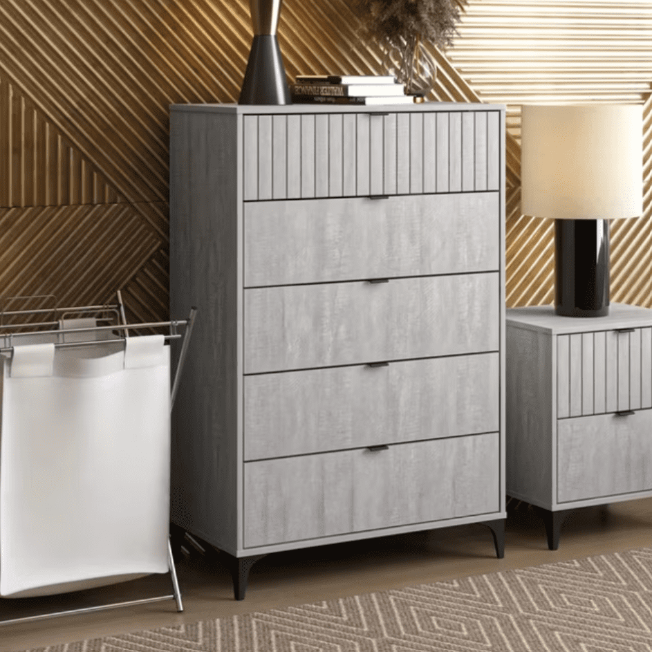 Galano Hamsper 5 Drawer Dresser, Modern Storage, Safety Interlock Design, Dusty Grey Oak