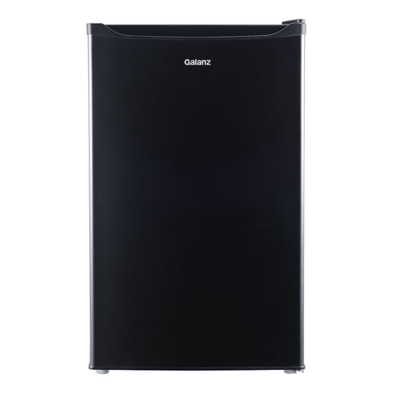 Galanz 4.3 cu ft Single-Door Mini Fridge in Black with Energy Star efficiency—compact, space-saving refrigerator perfect for dorms, offices, and small rooms