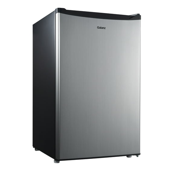 Galanz 4.3 Cu ft Single Door Mini Fridge, Stainless Steel Look, New, Width 19.12"