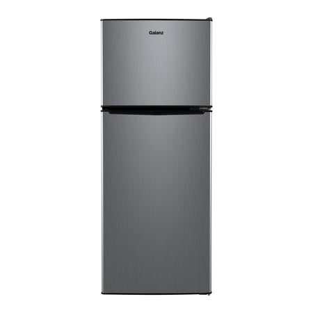 Galanz 4.6. Cu ft Two Door Mini Refrigerator with Freezer, Stainless Steel, New, Width 19.13"