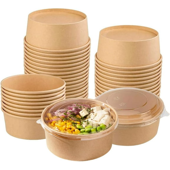 Galashield Disposable Bowls with Lid | Meal Prep Paper Bowls | To Go Salad Ramen Food Containers with Lids (25 oz - 25 Sets)