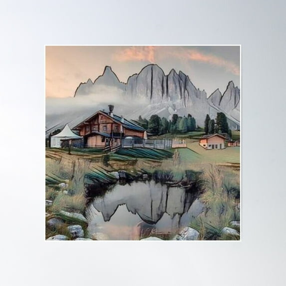 Galathi Mountain View At Dolomiti Val Di Funes Blue - Mountain Poster Wall Art, Modern Wall Decor, 24x24 UNFRAMED