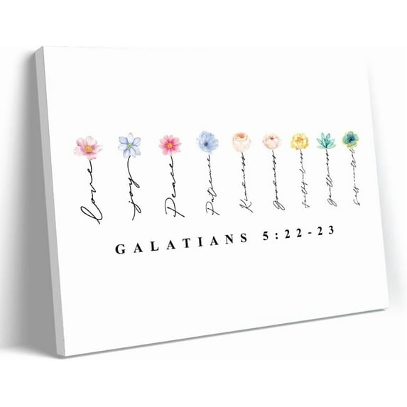 Galatians 5:22-23 Fruit of the Spirit Canvas Wall Decor, Floral Scripture Wall Art Poster Art Print, Horizontal Bible Verse Canvas Poster with Frame, Ready to Hang (12"X15")
