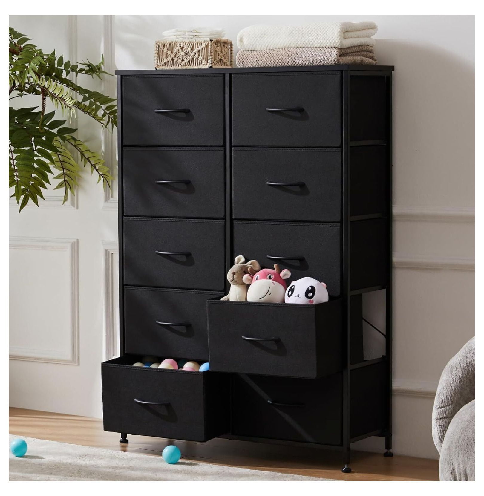 Black 10-Drawer Fabric Dresser with Wood Top and Steel Frame
