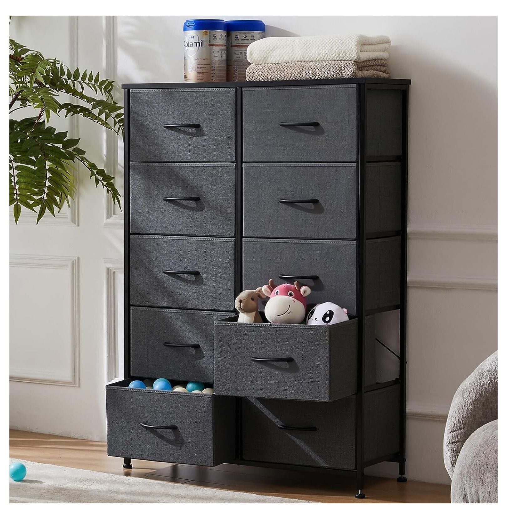 Gray 10-Drawer Fabric Storage Tower with Steel Frame