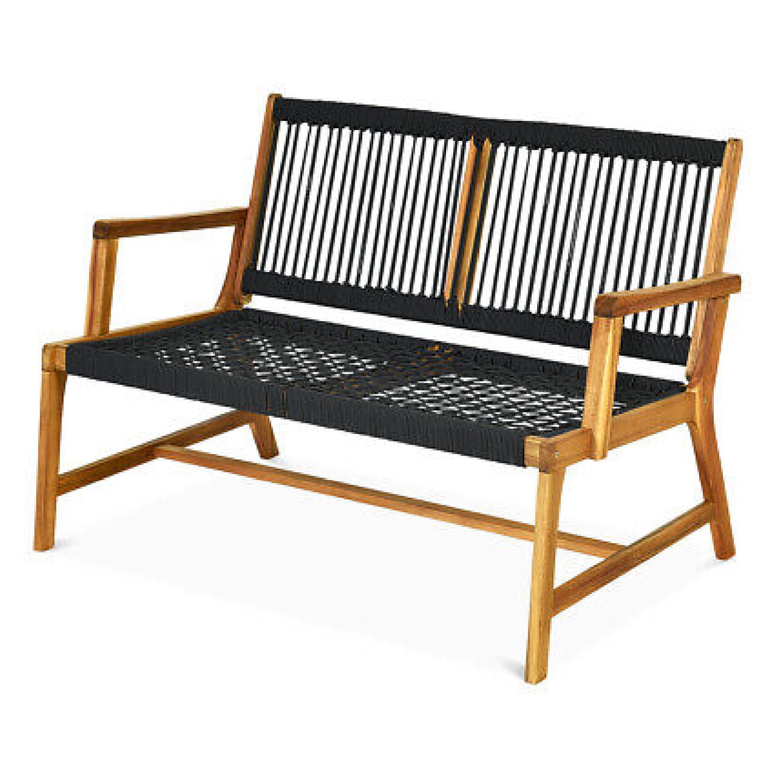 Black Acacia Wood and Rope 2-Person Patio Bench