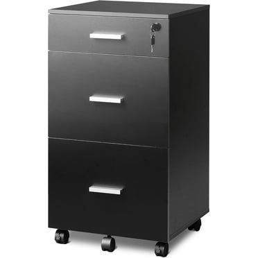 Galaxera 3 Drawer Rolling File Cabinet with Lock, Wood Filing Cabinet fits Letter / A4 Size for Home Office, Black