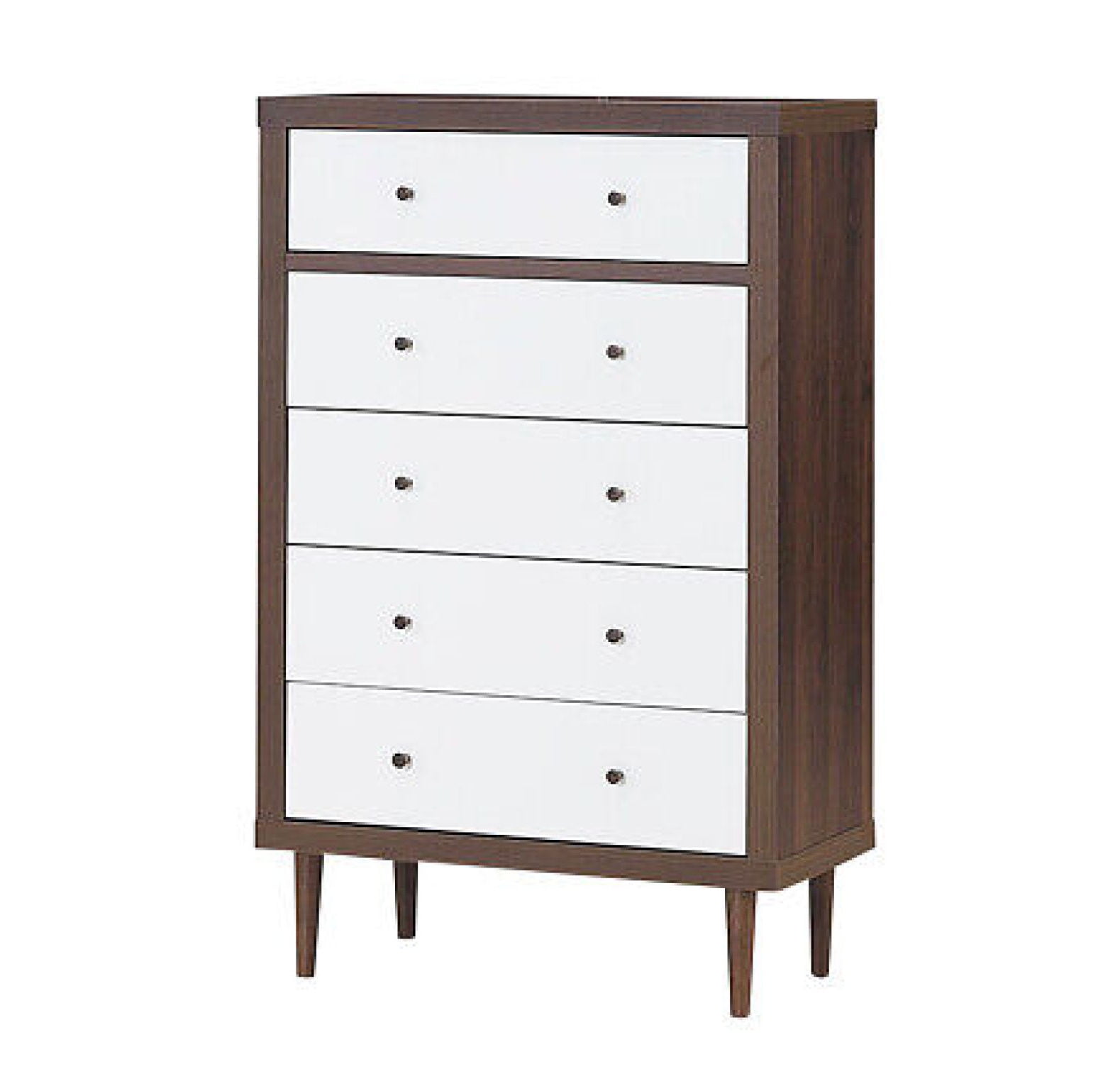 White and Walnut Mid-Century Modern 5-Drawer Dresser