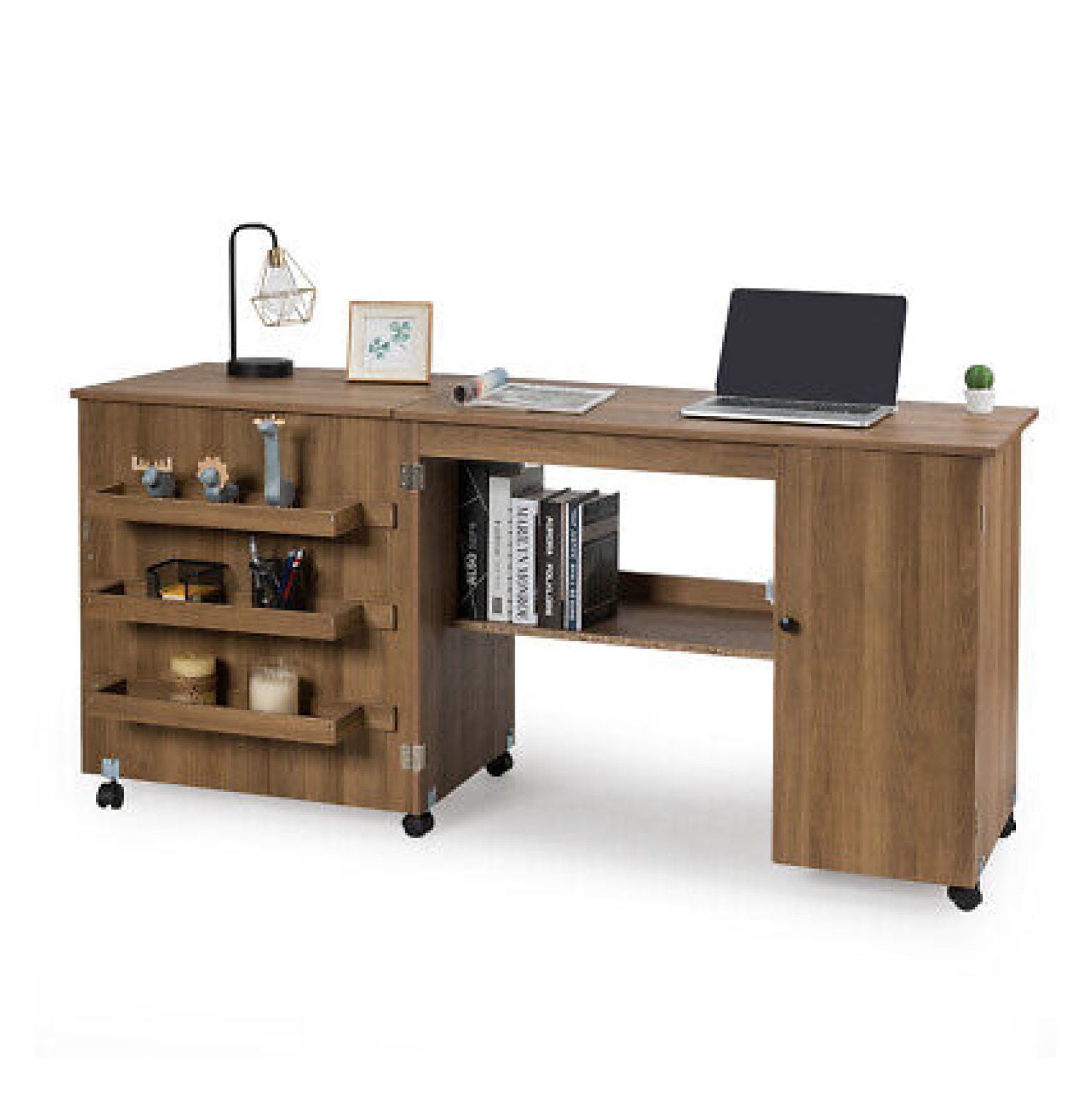 Natural MDF Folding Sewing Table with Storage Shelves and Wheels