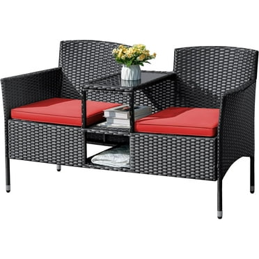 Galaxera Outdoor Furniture Patio Loveseat Wicker 2-Seat with Built-in Table and Cushions Rattan Porch Chairs Bench for Balcony, Lawn, Backyard (Red)