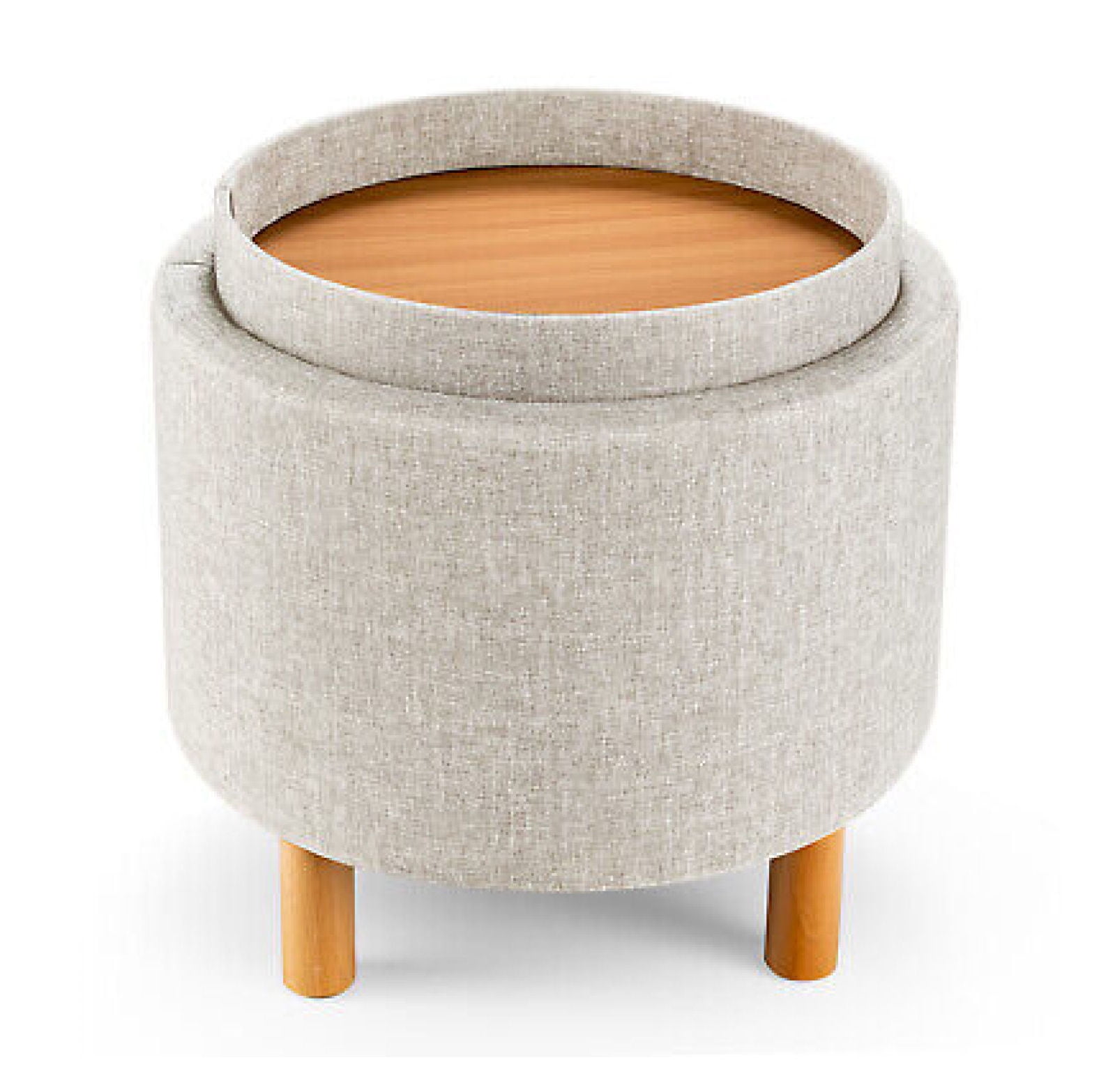 Beige Round Storage Ottoman with Tray and Wood Legs