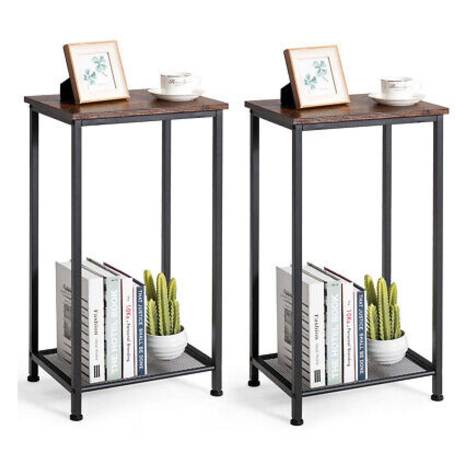 Galaxera Set of 2 2-Tier Industrial Side End Accent Telephone Table w/ Mesh Shelf