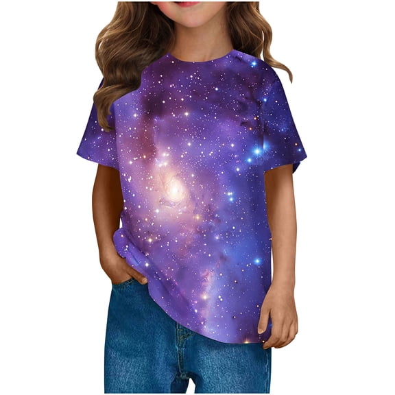 Galaxies Unisex T-Shirt Girls 3D Print Crew Neck Graphic Tees Short Sleeve Summer Starry Sky T Shirts Purple， 4 Years