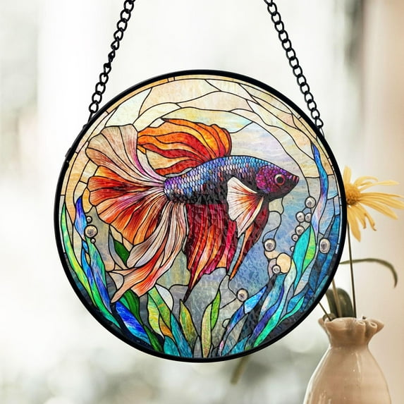 Galaximex 6 Inches Betta Fish Stained Glass Suncatcher, Vibrant Window Decor, Underwater Ocean Theme, Nature Lover Gift, Mom Gift, Gift For Her