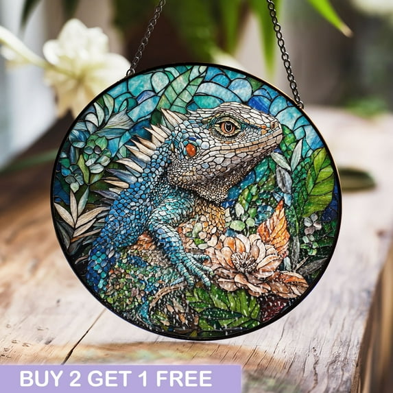 Galaximex 6 Inches Iguana Stained Glass Window Hanging - Tropical Reptile Suncatcher