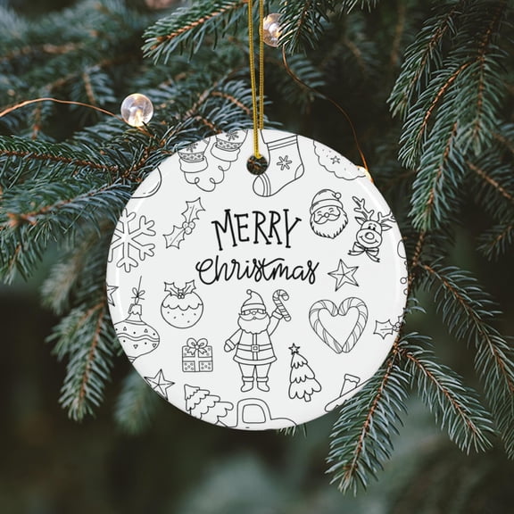 Doodle Merry Christmas Ceramic Ornament, Trendy Festive Holiday Decor, Tree Decoration, Gift Tags, Winter Decor, Cute Doodle Sketch Art