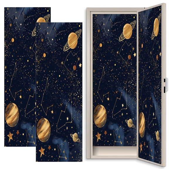 Galaxy 2 Pcs School Locker Magnetic Wallpaper 12" x 36" Gold Celestial Design Planets Stars Constellations Dark Blue Reusable Removable Locker Accessories Back to School Supplies