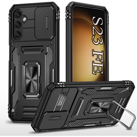 for Galaxy 23 FE Case for S23 FE Cover with Camera Cover and Kickstand [Military Grade Drop Tested] Shockproof Slim Protective for Samsung Galaxy S23 FE Case-Black