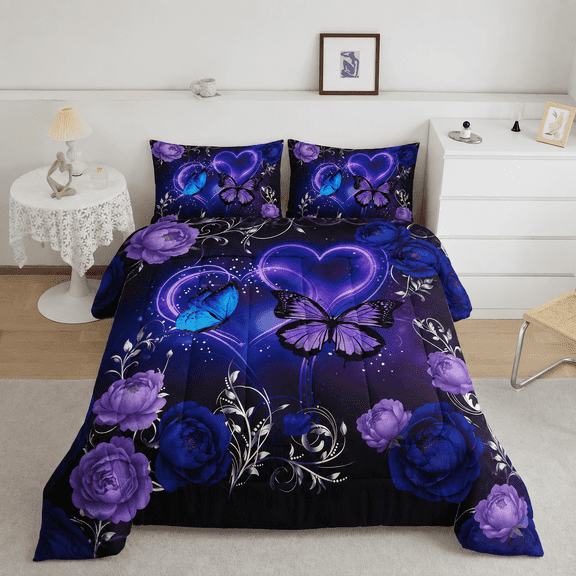 Galaxy 5pcs Bed in A Bag Purple and Blue Dreamy Butterfly Printed, Butterflies Bedding Twin Comforter Set for Girls Kids Teens