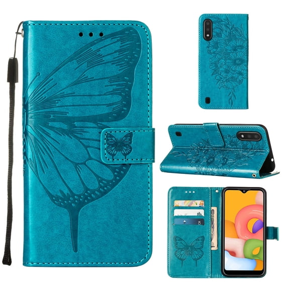 Galaxy A01 Wallet Case, Embossed Butterfly PU Leather Credit Card Holder Slots Full Body Protection Kickstand Flip Folio Shockproof TPU Phone Cover for Samsung Galaxy A01,Blue