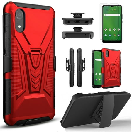 Galaxy A03 Core Case, [Not Fit Samsung A03S] With [Tempered Glass Screen Protector Included], Circlemalls Combo Heavy Duty Shockproof Built-in Kickstand With Rotatable Belt Clip Cover-Red
