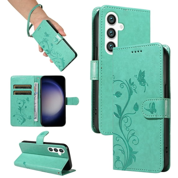 Galaxy A03 Core Wallet Case with Cards Slots & Hand Wrist, Allytech Premium PU Leather Floral Butterfly Flip Cover Stand Magnetic Closure Phone Case for Samssung Galaxy A03 Core - Green