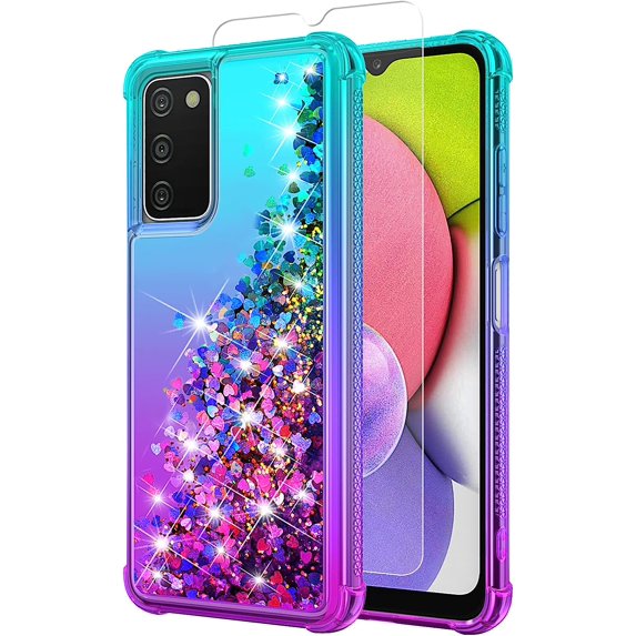 for Galaxy A03S Case,Samsung 03S Case with HD Screen Protector,Gradient Quicksand Glitter Liquid Floating Waterfall Durable Girls Cute Phone Case for Samsung Galaxy A03S (Teal/Purple)
