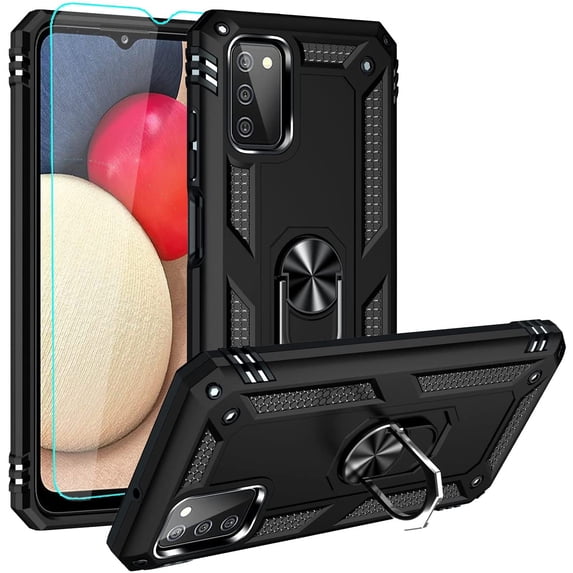 for Galaxy A03S Case, Samsung A03S Case with HD Screen Protector, Military-Grade Ring Holder Stand Car Mount 15ft Drop Tested Shockproof Cover Phone Case for Samsung Galaxy A03S, Black