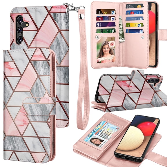 Galaxy A03s A13 A32 A53 5G Case, Samsung A13 Wallet Case, PU Leather Cash Credit Card Slots Holder Carrying Folio Flip Cover [Detachable Magnetic Case] Kickstand for Samsung A13 5G - Rose Marble