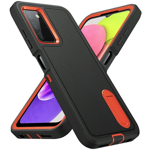 for Galaxy A03s Case with Kickstand, [10FT Military Drop Protection] Rugged Heavy Duty Hard PC+Soft Silicone Rubber Bumper Hybrid Triple-Layer Case for Samsung Galaxy A03s,
Black+Orange