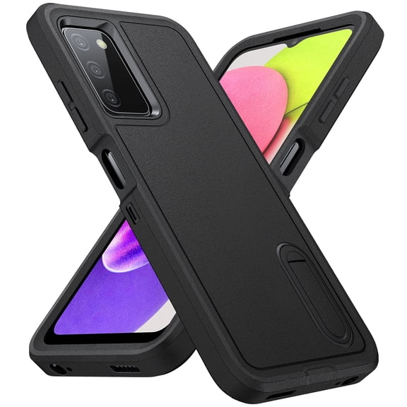for Galaxy A03s Case Kickstand Durable 3-Layer Military Grade Protective Cover Hybrid Silicone Heavy Duty Rugged Shockproof Screen Lip Raised Protection for Samsung Galaxy A03s,
Black+Black