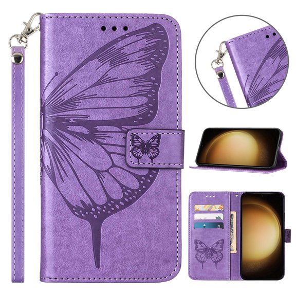 Galaxy A05 Case, Magnetic Folio Butterfly Patterned Wallet Case, Premium PU Leather with Wrist Strap Credit Card Holder Slots Kickstand Protective Cover For Samsung Galaxy A05, Lightpurple