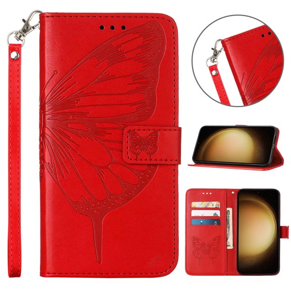 Galaxy A05 Case, Magnetic Folio Butterfly Patterned Wallet Case, Premium PU Leather with Wrist Strap Credit Card Holder Slots Kickstand Protective Cover For Samsung Galaxy A05, Red