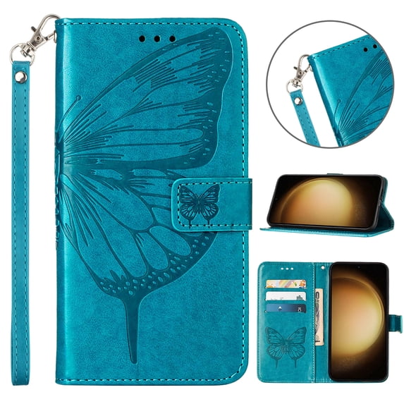 Galaxy A05 Case, Magnetic Folio Butterfly Patterned Wallet Case, Premium PU Leather with Wrist Strap Credit Card Holder Slots Kickstand Protective Cover For Samsung Galaxy A05, Blue