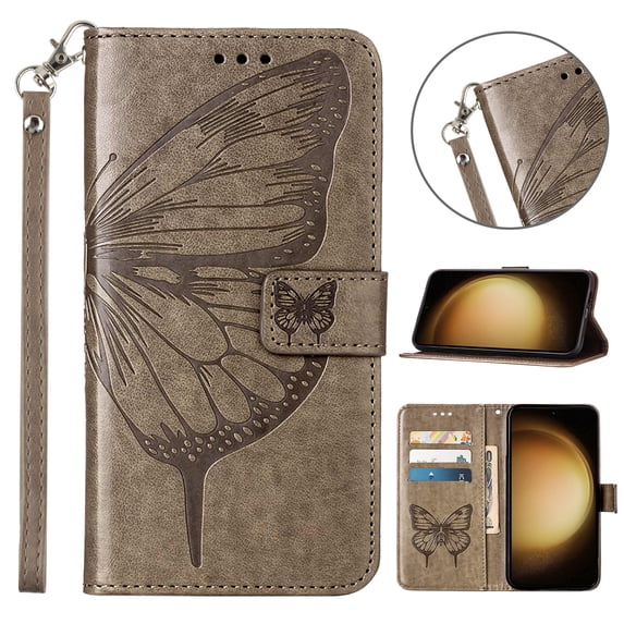 Galaxy A05 Case, Magnetic Folio Butterfly Patterned Wallet Case, Premium PU Leather with Wrist Strap Credit Card Holder Slots Kickstand Protective Cover For Samsung Galaxy A05, Gray