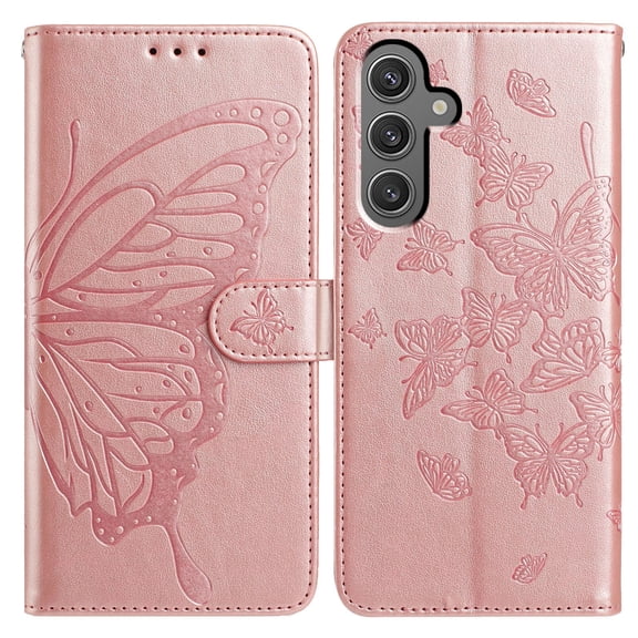For Galaxy A05 Folio Wallet Case with Wrist Strap, Embossed Butterfly Pattern, Lightweight Protective PU Leather Phone Case with Credit Card/Cash Slots, Magnetic Closure, Rosegold