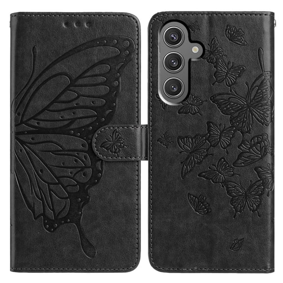 For Galaxy A05 Folio Wallet Case with Wrist Strap, Embossed Butterfly Pattern, Lightweight Protective PU Leather Phone Case with Credit Card/Cash Slots, Magnetic Closure, Black
