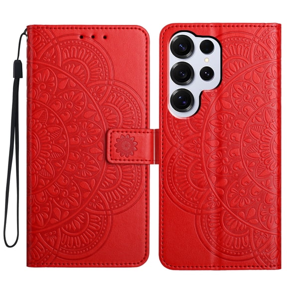 For Galaxy A05 Folio Wallet Case with Wrist Strap, Embossed Sunflower Pattern, Lightweight Protective PU Leather Phone Case with Credit Card/Cash Slots, Magnetic Closure, Red