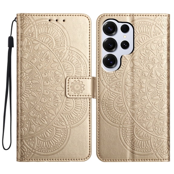 For Galaxy A05 Folio Wallet Case with Wrist Strap, Embossed Sunflower Pattern, Lightweight Protective PU Leather Phone Case with Credit Card/Cash Slots, Magnetic Closure, Gold