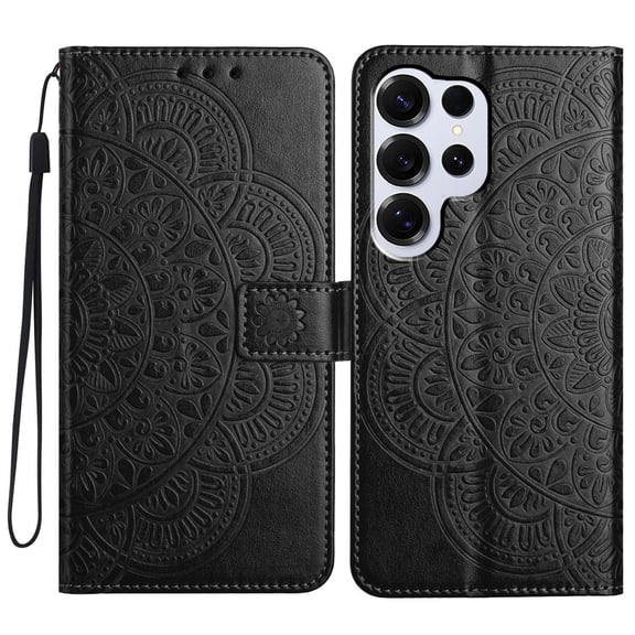 For Galaxy A05 Folio Wallet Case with Wrist Strap, Embossed Sunflower Pattern, Lightweight Protective PU Leather Phone Case with Credit Card/Cash Slots, Magnetic Closure, Black
