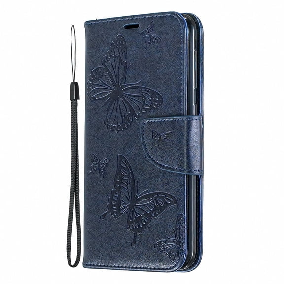 Galaxy A10 Case, Slim Fit PU Leather Folio Butterfly Embossed Shockproof Wrist Hand Strap Flip Cards Holder Wallet Case TPU Back Cover for Samsung Galaxy A10, Blue