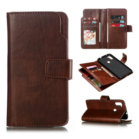 Galaxy A11 Case, Allytech PU Leather 9 Cards Slots Kickstand Folio Style Retro Shockproof Magnetic Closure Drop Protection Flip Cover Wallet Case for Samsung Galaxy A11, Brown