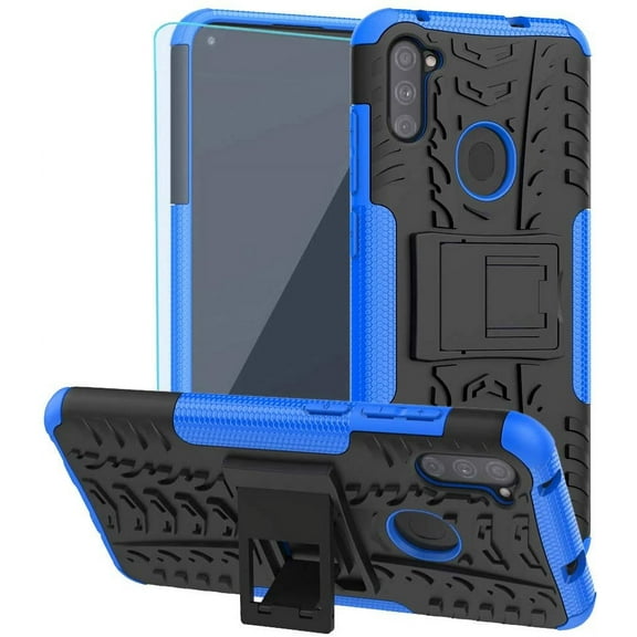 for Galaxy A11 Case,with HD Screen Protector,[Shockproof] Tough Rugged Dual Layer Protective Case Hybrid Kickstand Cover for Samsung Galaxy A11 (Blue)